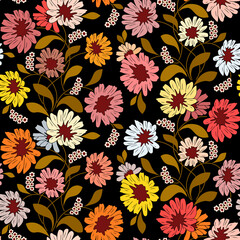 Floral seamless pattern with a silhouette of bright colorful flowers and leaves on a stem on a black isolated background. Floral design element for fabrics, textiles, paper packaging.