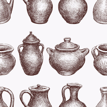 Seamless Background Of Drawings Various Clay Jugs, Pots And Pans