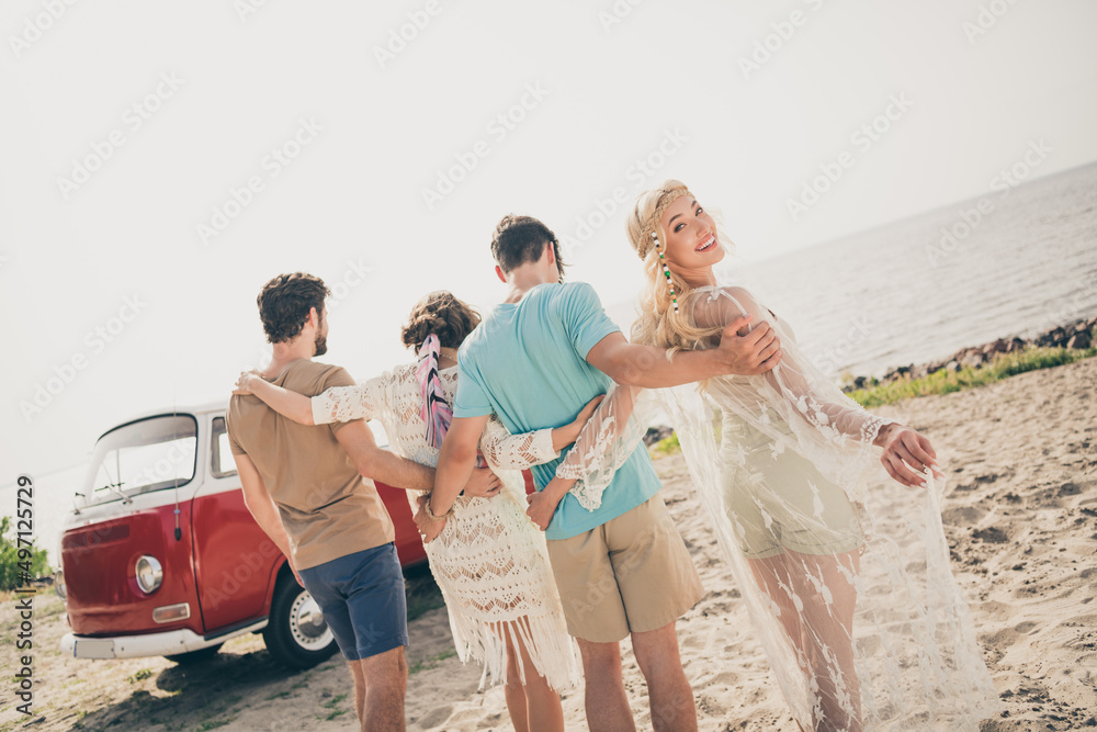 Sticker Back rear spine view photo of fellows guy lady hug stand sun shine enjoy rural ocean fresh air outdoors