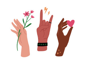 Different skin colors hands set. Hands with flowers, hearts, bracelets, rings. Human palms, wrists, fists. Different gestures. Vector illustration