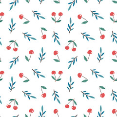 Hand drawn colorful seamless pattern of hand drawn cherry. Floral berries background. Perfect for textile manufacturing wallpaper posters etc. Vector illustration