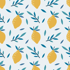 Fototapeta premium Hand drawn colorful seamless pattern of hand drawn lemons. Citrus fruit background. Perfect for textile manufacturing wallpaper posters etc. Vector illustration