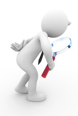 3D illustration of a white character holding a magnifying glass
