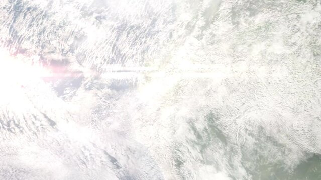 Earth zoom in from outer space to city. Zooming on Riobamba, Ecuador. The animation continues by zoom out through clouds and atmosphere into space. Images from NASA