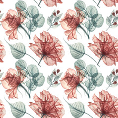 Watercolor floral pattern, dusty red flowers with transparent petals and leaves. Hand painted watercolor bouquet on a white background 