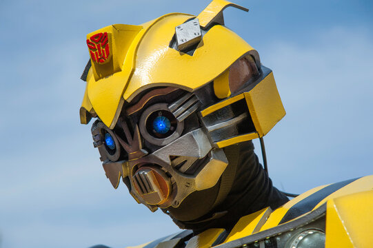 IVANO-FRANKIVSK, UKRAINE - APRIL 15, 2018: Close-up of the head of Bumblebee from the Transformers on display in plaza