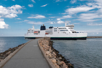 Car ferry on the way to the port, Puttgarden, Insel Fehmarn, Deutschland.