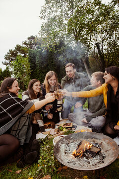 Group of friends toasting around fire pit in garden