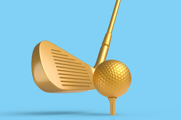 Sport equipment golf club and ball isolated on blue background.