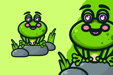 Cute Green Frog on The Rock Cartoon Vector