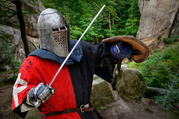 Medieval knight with sword and shield in the middle of a dense f