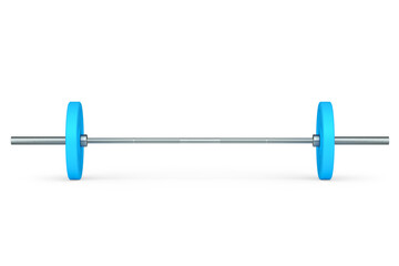 Abstract metal barbell with blue disks isolated on white background