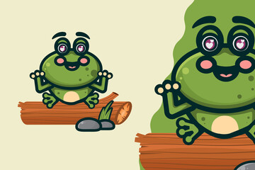 Cute Little Green Frog on Branch Cartoon character