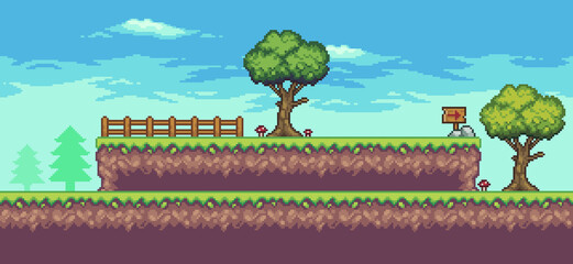 Pixel art arcade game scene with tree, fence, and clouds 8 bit vector background  © Kaleb