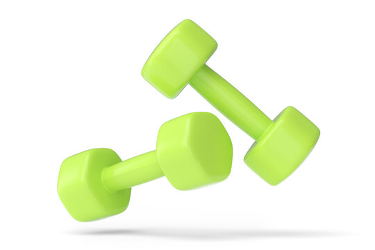 Pair of rubber green dumbbells isolated on white background