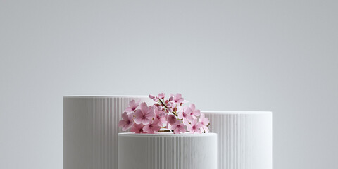 Minimal background. podium and sakura with white background for product presentation. 3d rendering illustration.