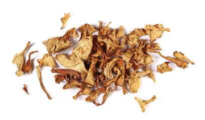Dried chanterelle mushroom, (Cantharellus cibarius) isolated on white, top view