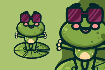 Cute Green Frog on Lotus Leaf Cartoon Character
