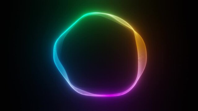 Bright neon glowing lines of tehnology data transfer. Shining colorful circular pattern of abstract shapes for video background. Seamless loop animation.