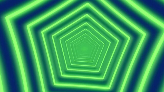 Abstract digital neon pentagon shapes tunnel background. Blurred futuristic sparkling animation pattern that moves forward with acid green and dark blue. Technology and cyber concept with copy space