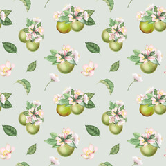Seamless pattern with hand drawn green apples, apple tree flowers and leaves on a green background