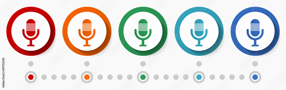 Aufkleber podcast, microphone concept vector icon set, infographic template, flat design colorful web buttons 