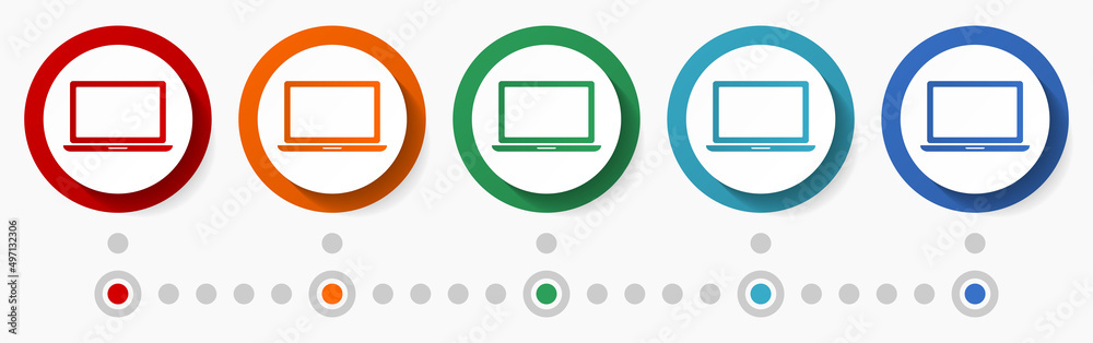Fototapete Notebook, mobile computer concept vector icon set, infographic template, flat design colorful web buttons in 5 color options