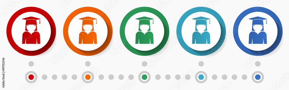 Aufkleber student, education concept vector icon set, infographic template, flat design colorful web buttons i