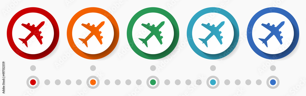 Aufkleber plane, airplane concept vector icon set, infographic template, flat design colorful web buttons in 5