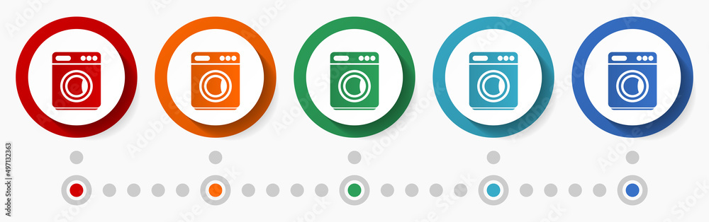 Aufkleber Washing machine, laundry concept vector icon set, infographic template, flat design colorful web buttons in 5 color options
