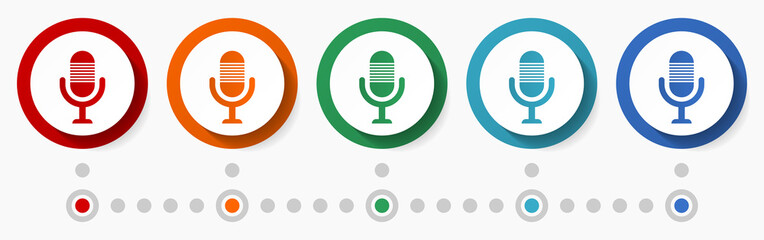 Podcast, microphone concept vector icon set, infographic template, flat design colorful web buttons in 5 color options
