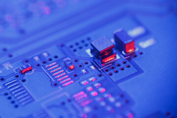Computer Microchips and Processors on Electronic circuit board. Computer hardware technology. Abstract technology microelectronics concept background. Macro shot, shallow focus.