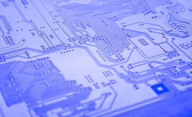 Electronic circuit, computer circuit board blue, computer technology. Circuit board futuristic technology processing. Abstract technology microelectronics concept background. Macro shot, shallow focus