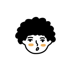 Outraged screaming face of girl. Doodle woman face. Curly hair. Black and white vector isolated illustration. Student or teenage hand drawn