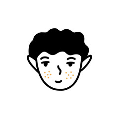 Smiling guy with freckles and protruding ears. Doodle man face. Black and white vector isolated illustration. Student or teenage