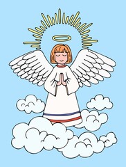 An angel prays for peace. Holy guardian angel in heaven. Religious symbol. Sky clouds. Hand drawn vector line art illustration. Ready to use cards.