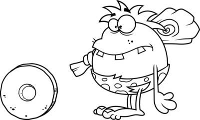 Outlined Caveman Cartoon Character With A Stone Wheel. Vector Hand Drawn Illustration Isolated On White Background