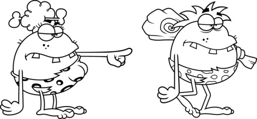 Outlined Angry CaveWoman Chases Caveman Cartoon Characters. Vector Hand Drawn Illustration Isolated On White Background