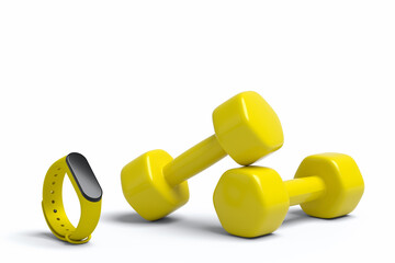 Isometric view of sport equipment like smart watches and dumbbell on white