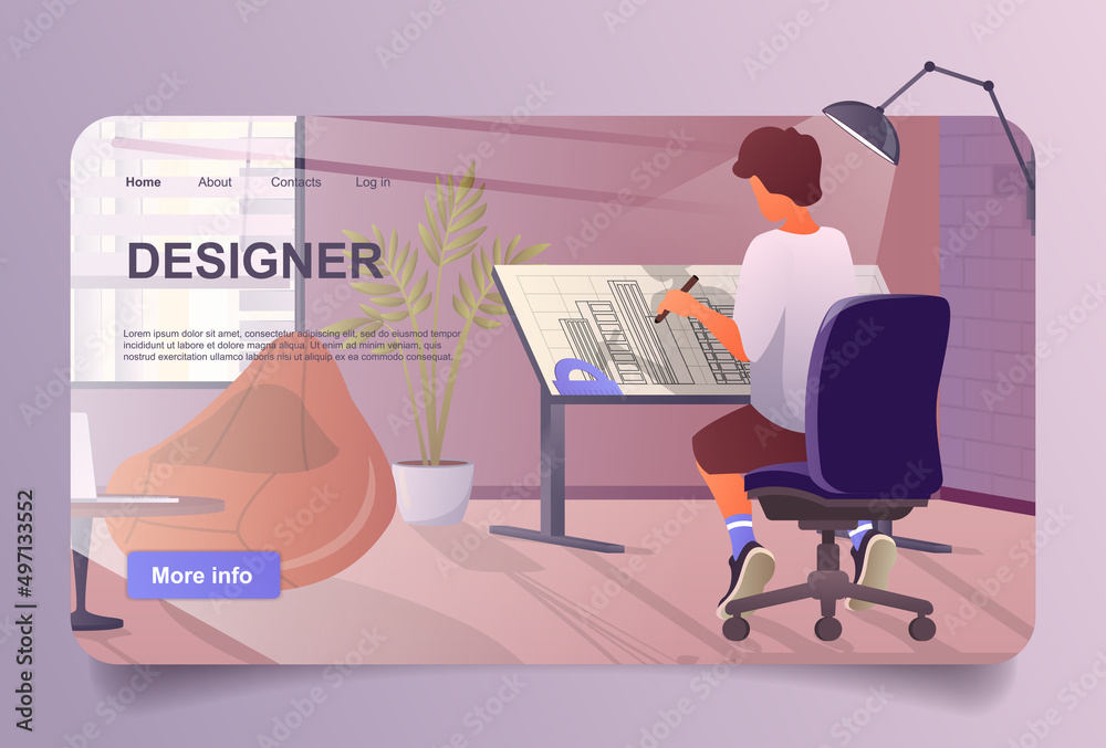 Poster Designer working at home concept in cartoon design for landing page. Man draws building blueprint on tilted table and does creative work in studio. Vector illustration with people for web homepage