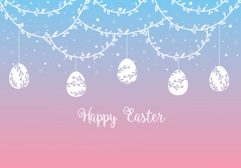 Hanging Easter eggs on the blurred background. Vector illustration. Happy Easter banner.