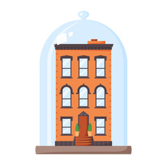 Rent control house concept. Rent stabilized apartment unit. Brick building covered by glass dome. Protected property. Flat vector