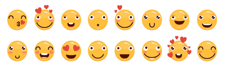 Emoji set. Joyful, sad and love emoticons. Yellow emotional faces. symbols collection.