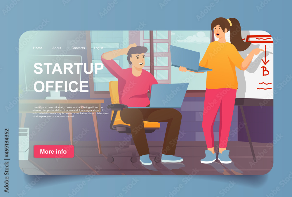 Aufkleber startup office concept in cartoon design for landing page. business team launch new project and deve