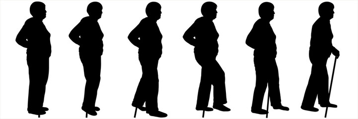 An older woman in trousers and a blouse with a short haircut. An old woman walks leaning on a walking stick. A series of images is ready for motion animation. Black silhouettes are isolated on a white