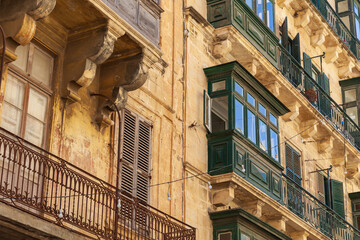 Fototapeta na wymiar Facade with balconies, Valletta, Malta