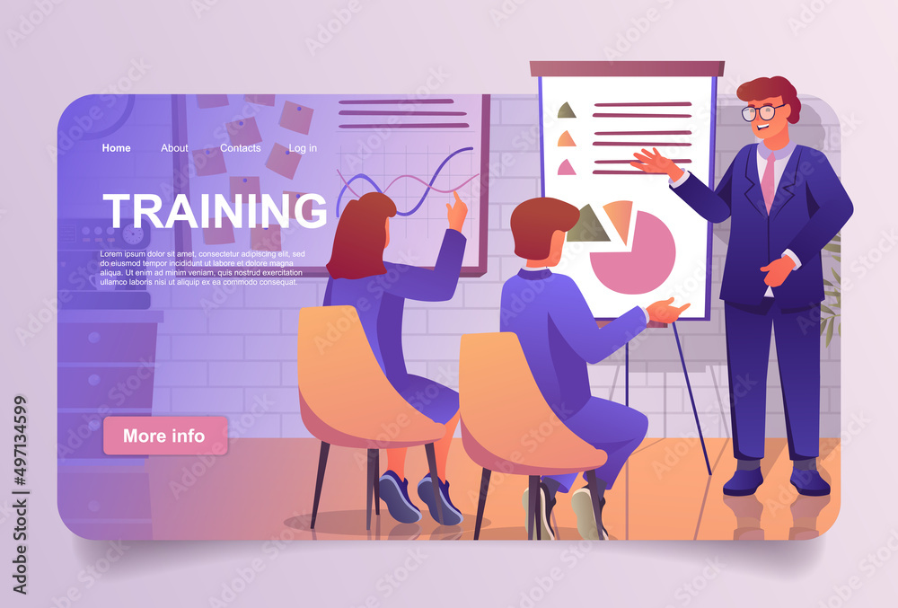 Poster business training concept in cartoon design for landing page. coach making educational lecture for e
