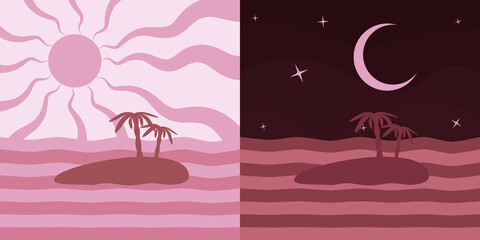 Abstract Vector Image Of The Sea And Island. SunShine, Sunlight, MoonLight. Day and Night
