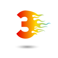 Fire Flames number three 3 icon design on a white background. Numeric hot logo for posters, postcard, card, banner, anniversary.