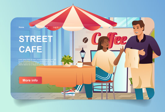 Street cafe with visitor concept in cartoon design for landing page. Woman drinking coffee sitting at tables outdoors and ordering lunch at waiter. Vector illustration with people for web homepage